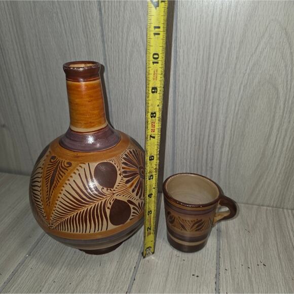 Vtg Tonala Mexican Pottery Bedside Water Pitcher W/Cup Handmade Botellon Vase - Picture 7 of 8